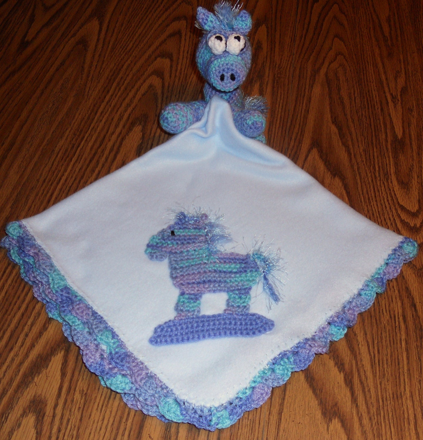 Blue Baby Receiving Blanket with Crochet Rocking Horse Applique