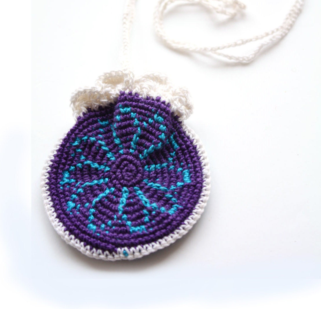Wedding Ring Holder, Mandala Purse, Crochet Purse, FREE SHIPPING, Tiny round Purse for change or cameo , Neckwear, pendant wallet