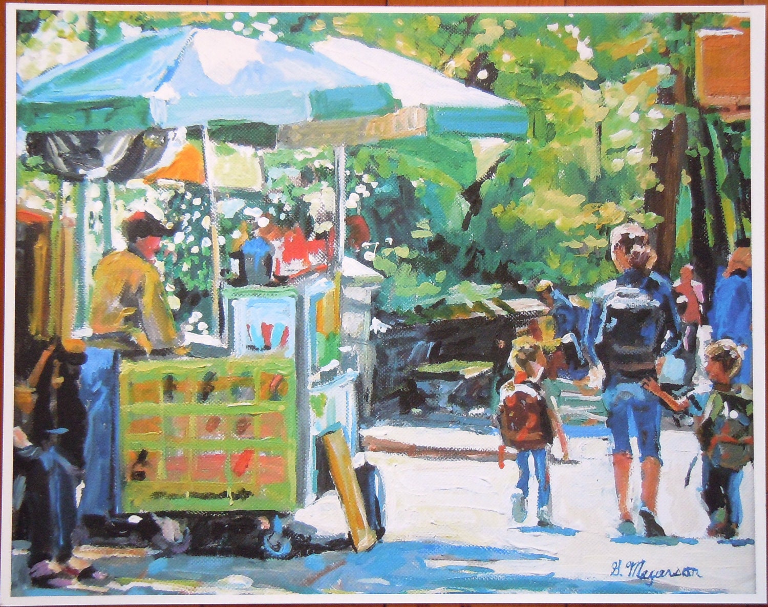 Large 12x15 Fine Art Print, "Central Park Vendor" New York City Summer yellow green Cityscape Painting by Gwen Meyerson