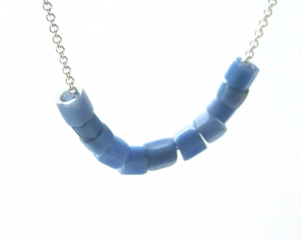 modern geometric necklace, light blue glass trade beads,  eco friendly, single strand,