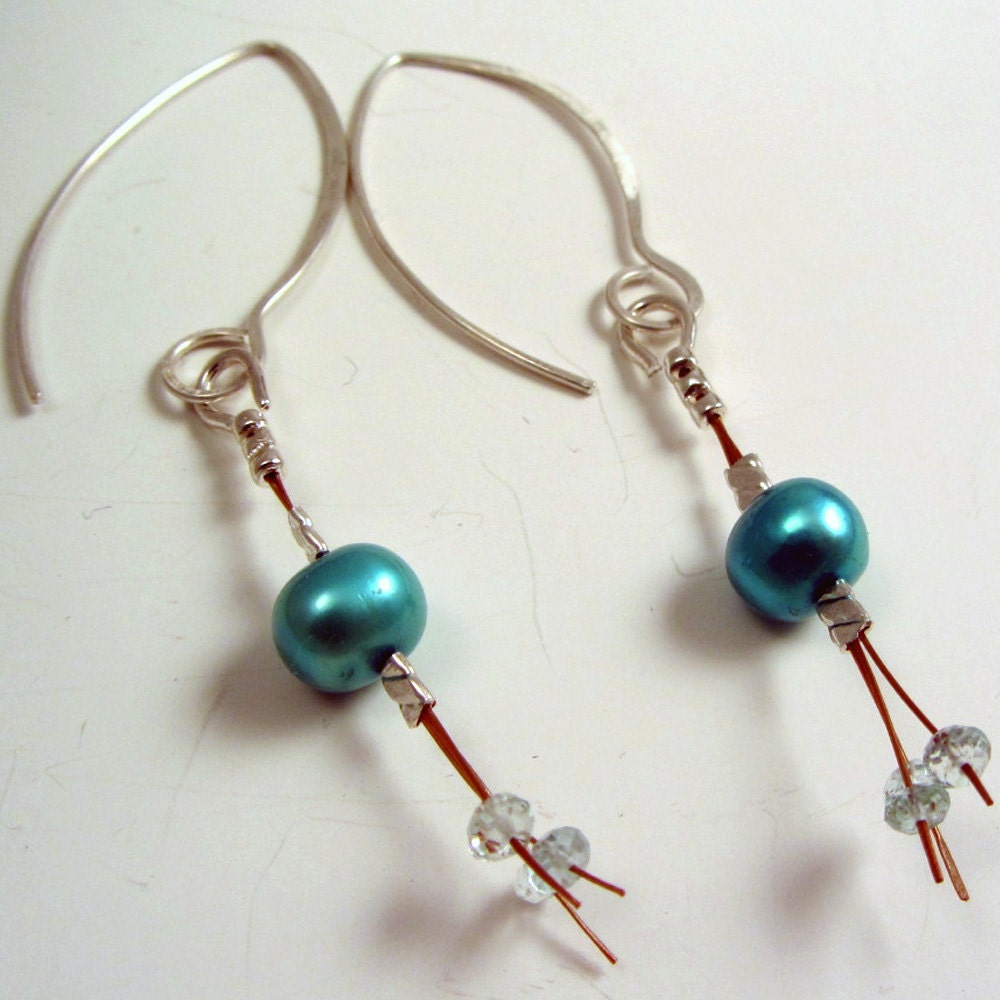 Faceted Aquamarine, Pearl, Sterling Silver, Copper OOAK Earrings