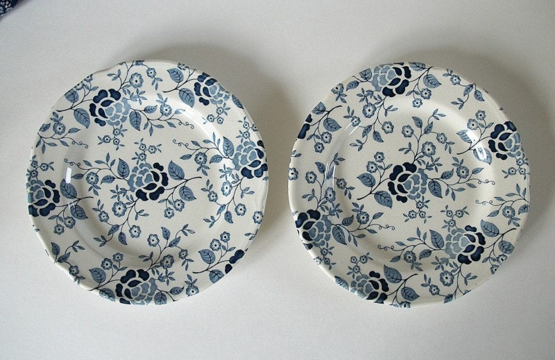 Set of 2 Vintage Blue and White English Transferware Plates,  Bread or Dessert  Plates, Ironstone, by J &G Meakin, Made England, Blue Toile
