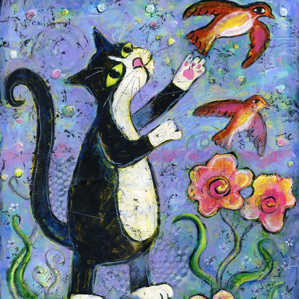 Bad Kitty tuxedo cat birds flowers 8 x 10 art print matted 11 X 14 from mixed media painting