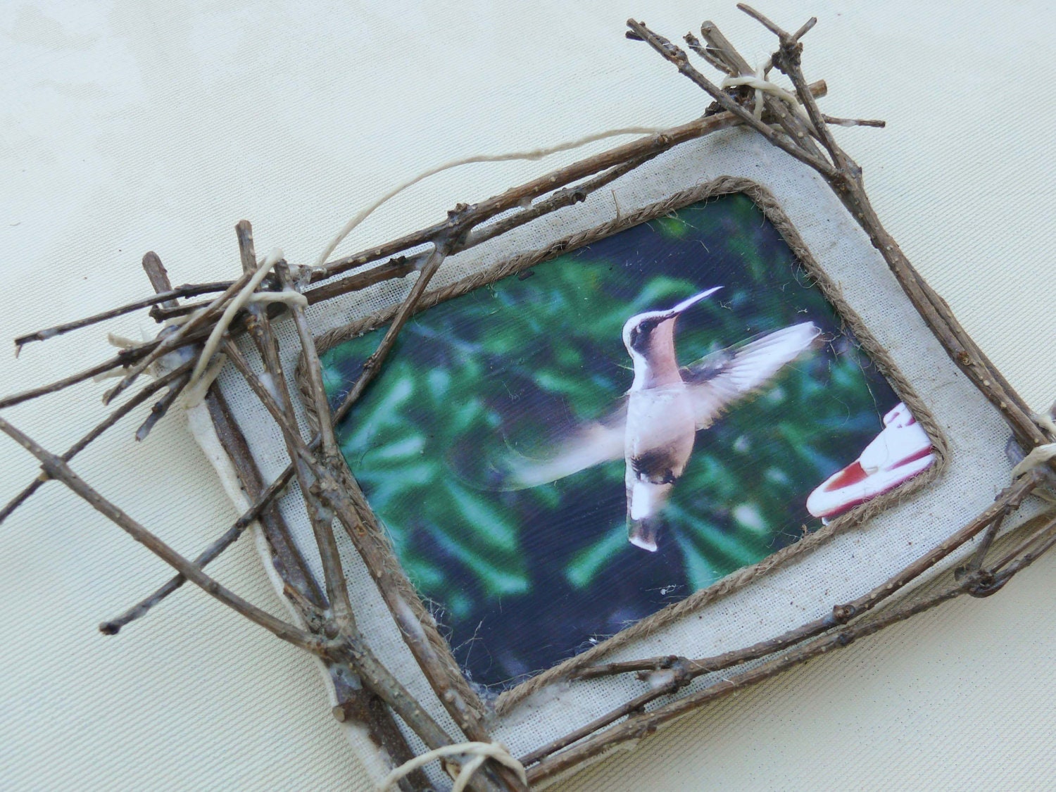 Mini Small Rustic Frame Christmas Ornament Folk art Twig Branches Primitive Photograph Mixed Media Hummingbird