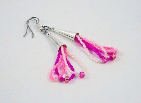 Shades Of Pink Triple Strand Hand Sewn Beadwork Cascading Earrings