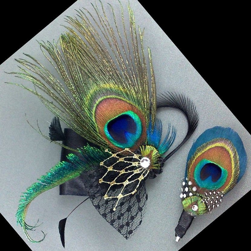 Peacock Wedding Fascinator and Groom Bout Pin, Something Blue Teal Bridal Bridesmaids Feather Hairclip, Men Brooch, SIENNA PLUTO