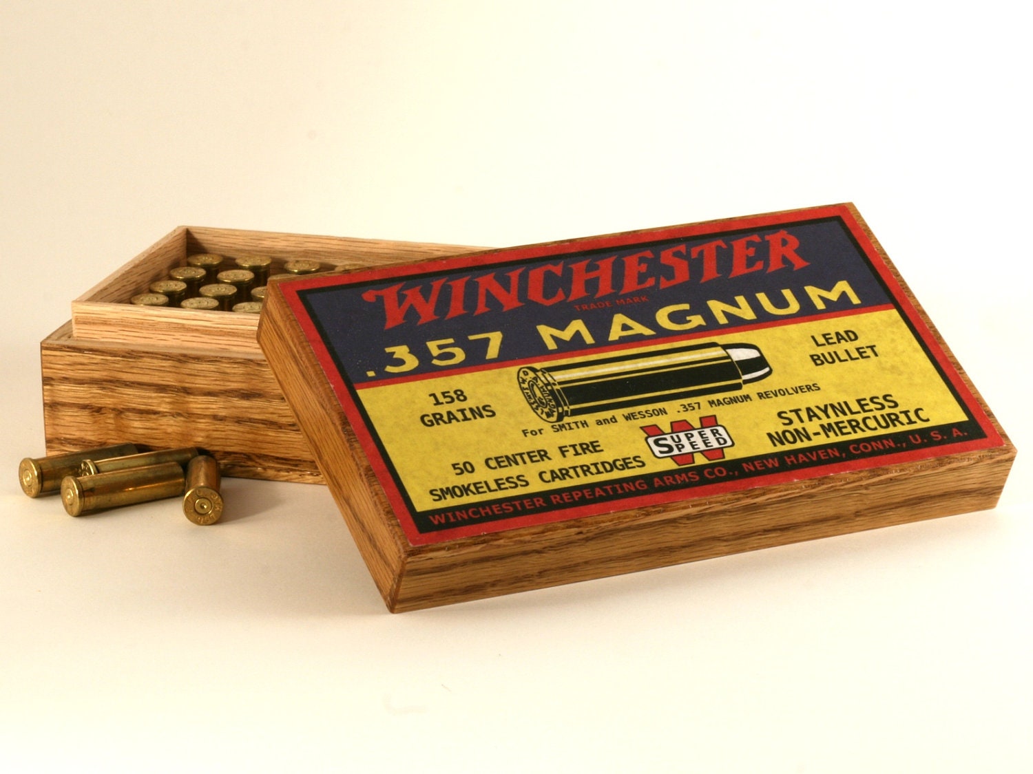 Oak cartridge box for .357 Magnum with reproduction Winchester label