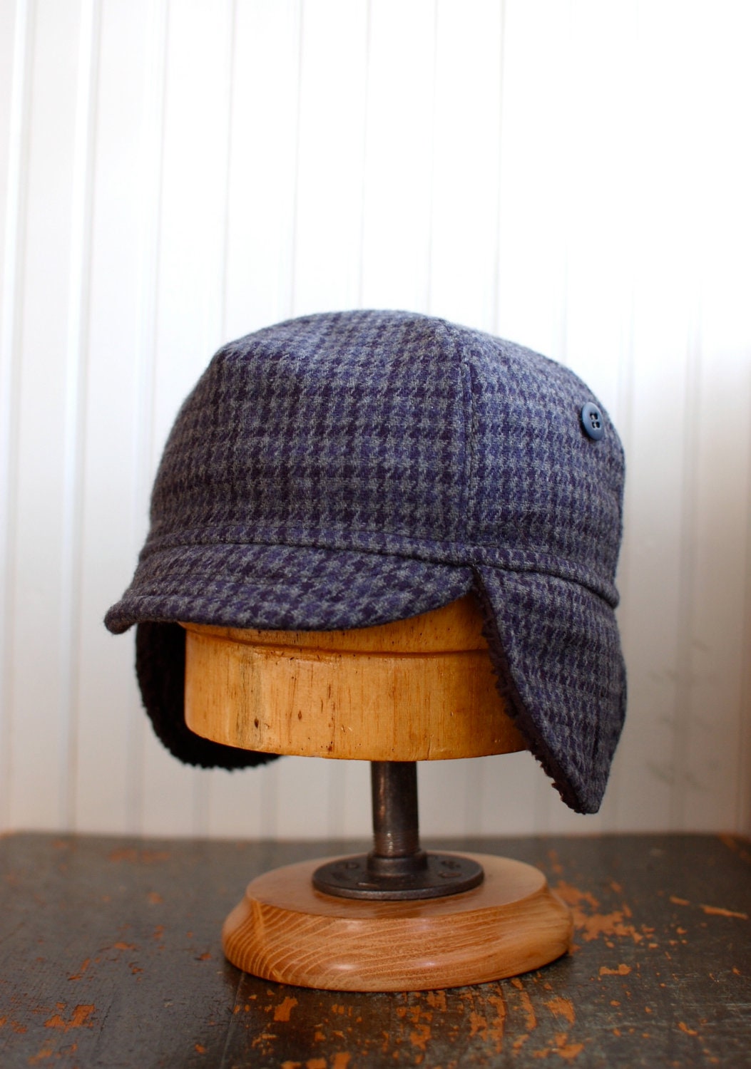 Warm bike cap with ear flaps in blue herringbone: mens hat with earflaps, womens hat with earflaps - extra large
