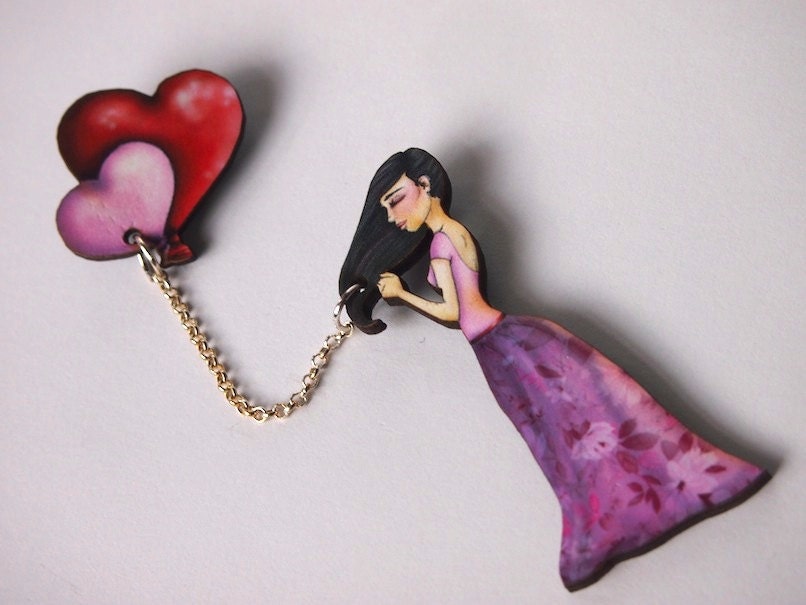 Pink and Red Heart Shaped Balloon Girl 2 Part Laser Cut Wood Brooch