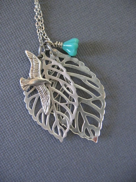Bird Necklace, Leaf Necklace, Leaf Jewelry, Bird Jewelry, Silver Leaf, Silver Skeleton Leaf Necklace