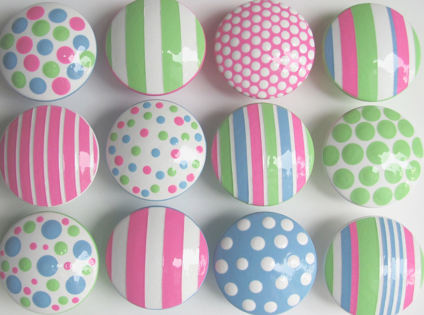 Hand Painted Children's Knobs- Pink, Blue, Lime Green Polka Dots and Stripes Combination Knobs 1 1/2" Wooden Drawer Knobs- SET OF 12