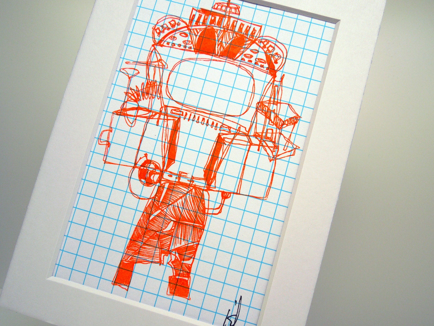 Weird robot Gocco print in tangerine orange on grid index card "Household Bop" (4x6 with 5x7 mat)