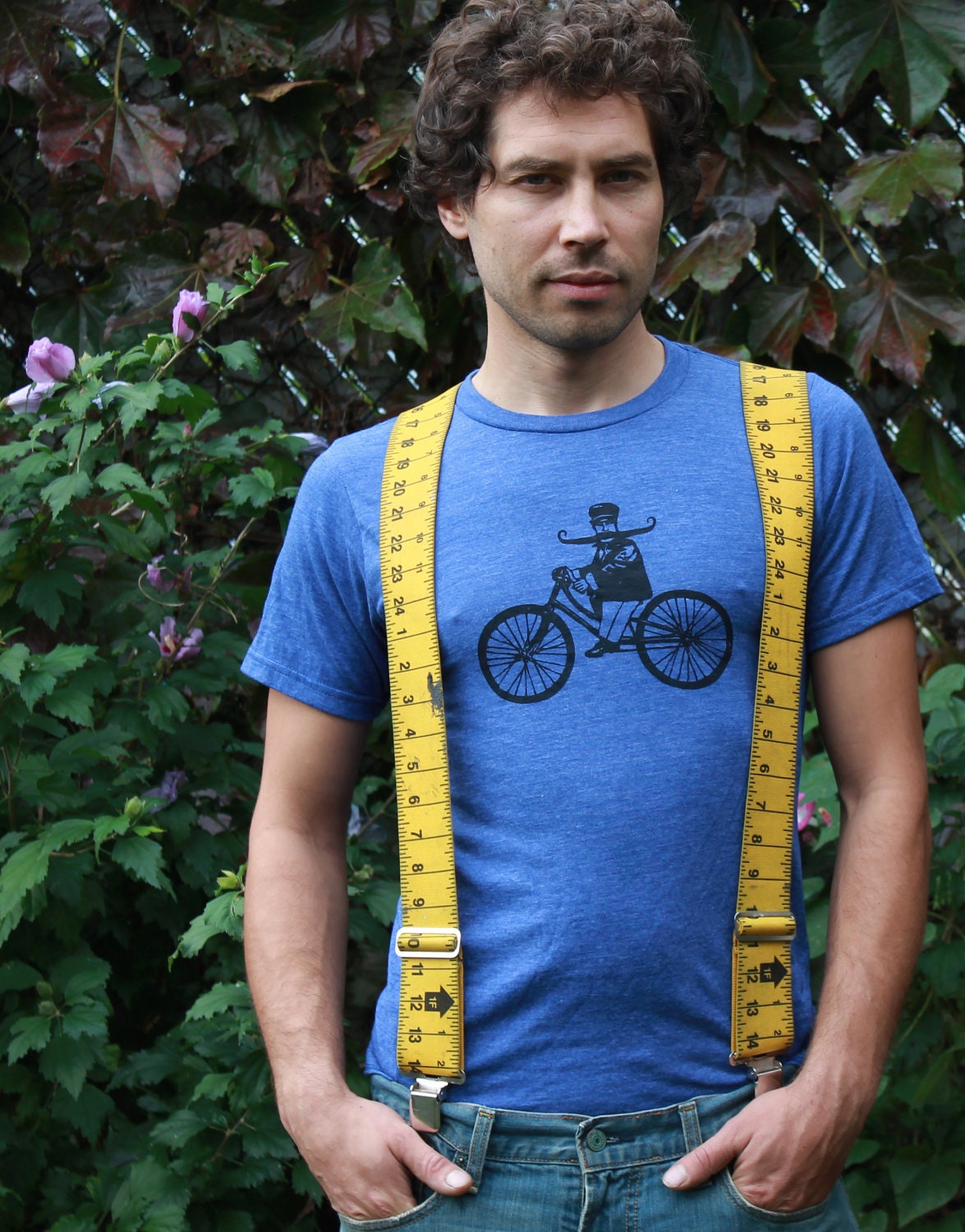 Moustache on a Bicycle Art Nouveau Faded Style in Heather Violet ORGANIC Tshirt Urbarian New York- Men- Women