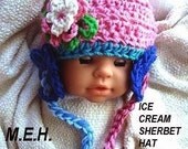 hat, baby, adult, CROCHET PATTERN, number 187, Ice Cream Sherbet Hat with Flower EarFlaps, , 5 sizes from newborn baby  to adult