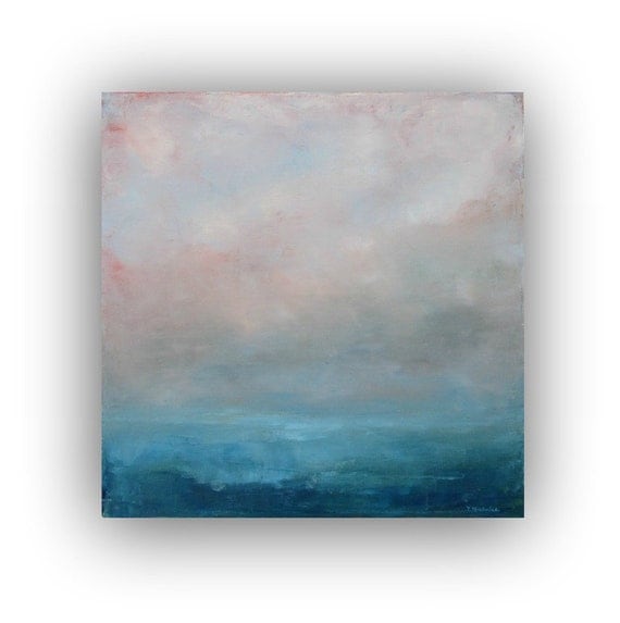 Before Dawn- Abstract Ocean Landscape Oil Painting on Canvas small 12x12 blue and grey fog clouds sky soft original palette knife painting