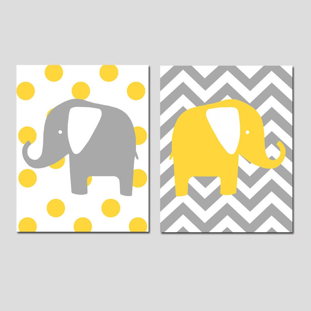 Modern Elephants - Set of Two 8x10 Chevron Zig Zag Polka Dot Prints - Kids Wall Art - Choose Your Colors - Shown in Gray, Yellow, and More