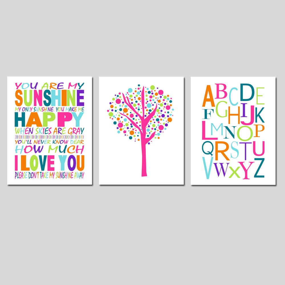 Sunshine Alphabet Trio - Set of Three 11x14 Prints - Tree Dot, You Are My Sunshine, Alphabet - Choose Your Colors