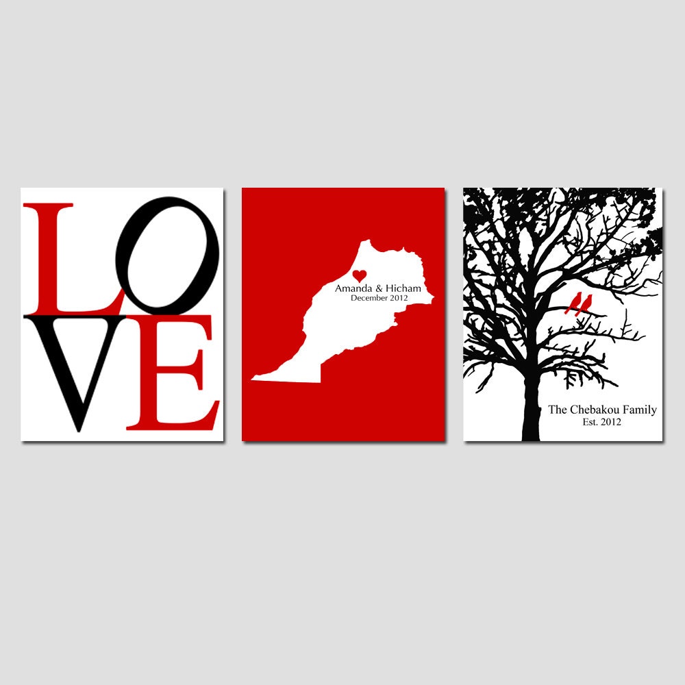 Modern Newlywed Trio - Set of Three 8x10 Customizable Prints - Love, Family Established Bird Tree, and Love Map - GREAT WEDDING GIFT