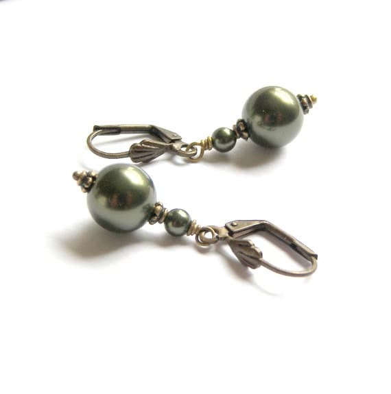 Classic Dark Green Swarovski Single Pearl Drop Earrings