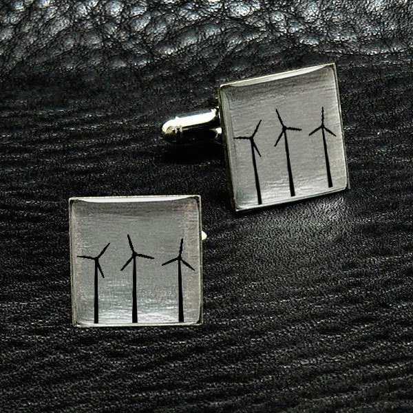 Wind Energy Turbines Silver Leaf Cuff links - A