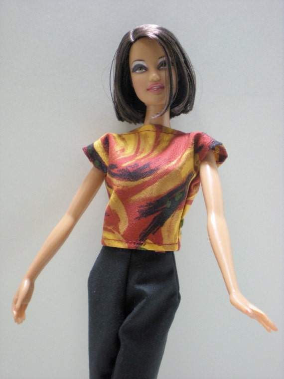 Handmade Barbie Doll Clothes - Black Slacks Abstract Top