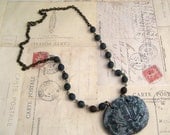 Shabby Lotus Blossom Ceramic Pendant Necklace Casual Blues OOAK