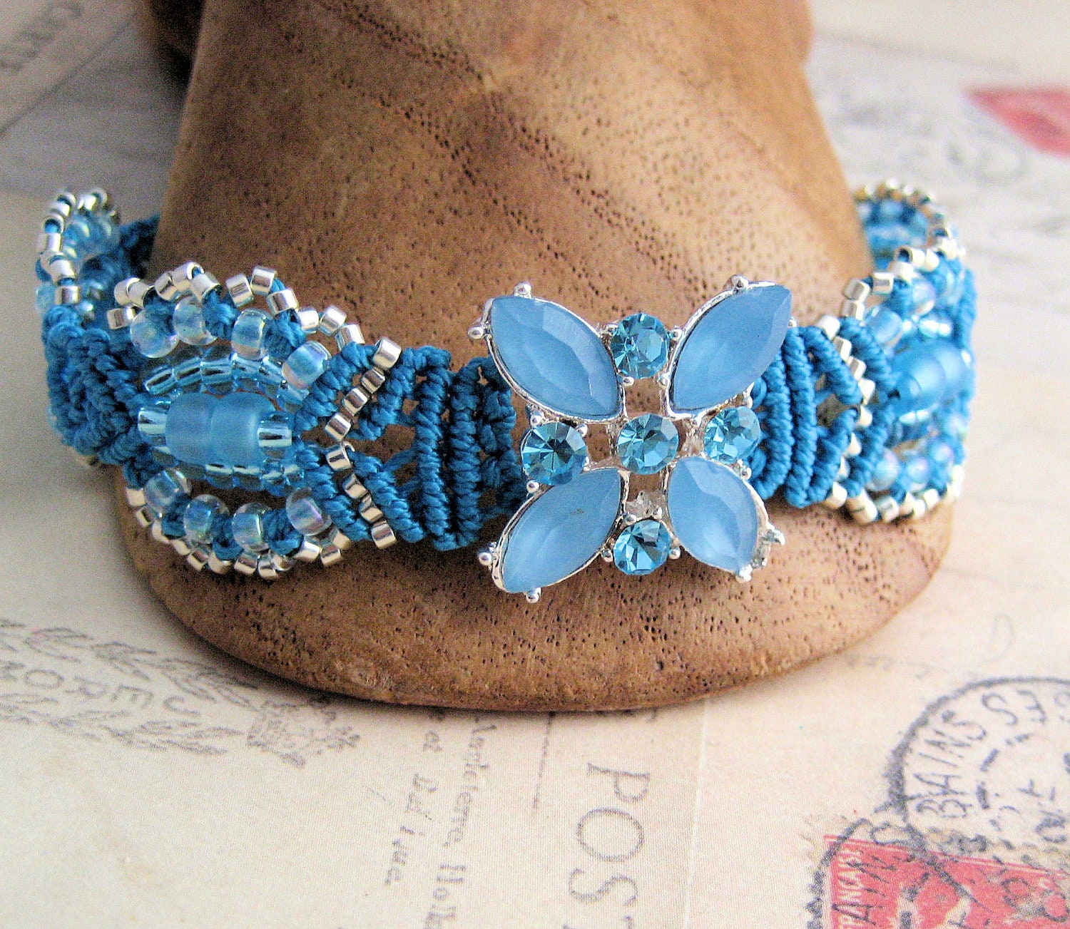 Elegant Aqua Blue Beaded Macrame Bracelet Crystal Sparkle