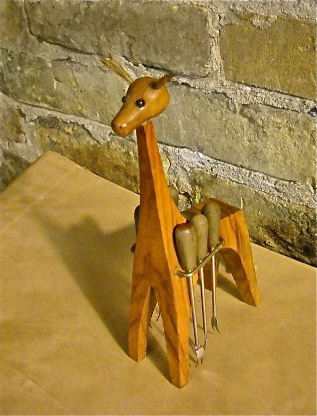 1960s Wooden Giraffe Cocktail Fork Caddy  Set