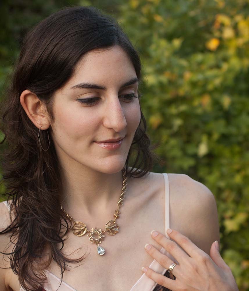 Bridal Necklace - Gold Chain with Crystal Drop - Romantic Estate Style - Antique Look - Rhinestone and Golden Filigree