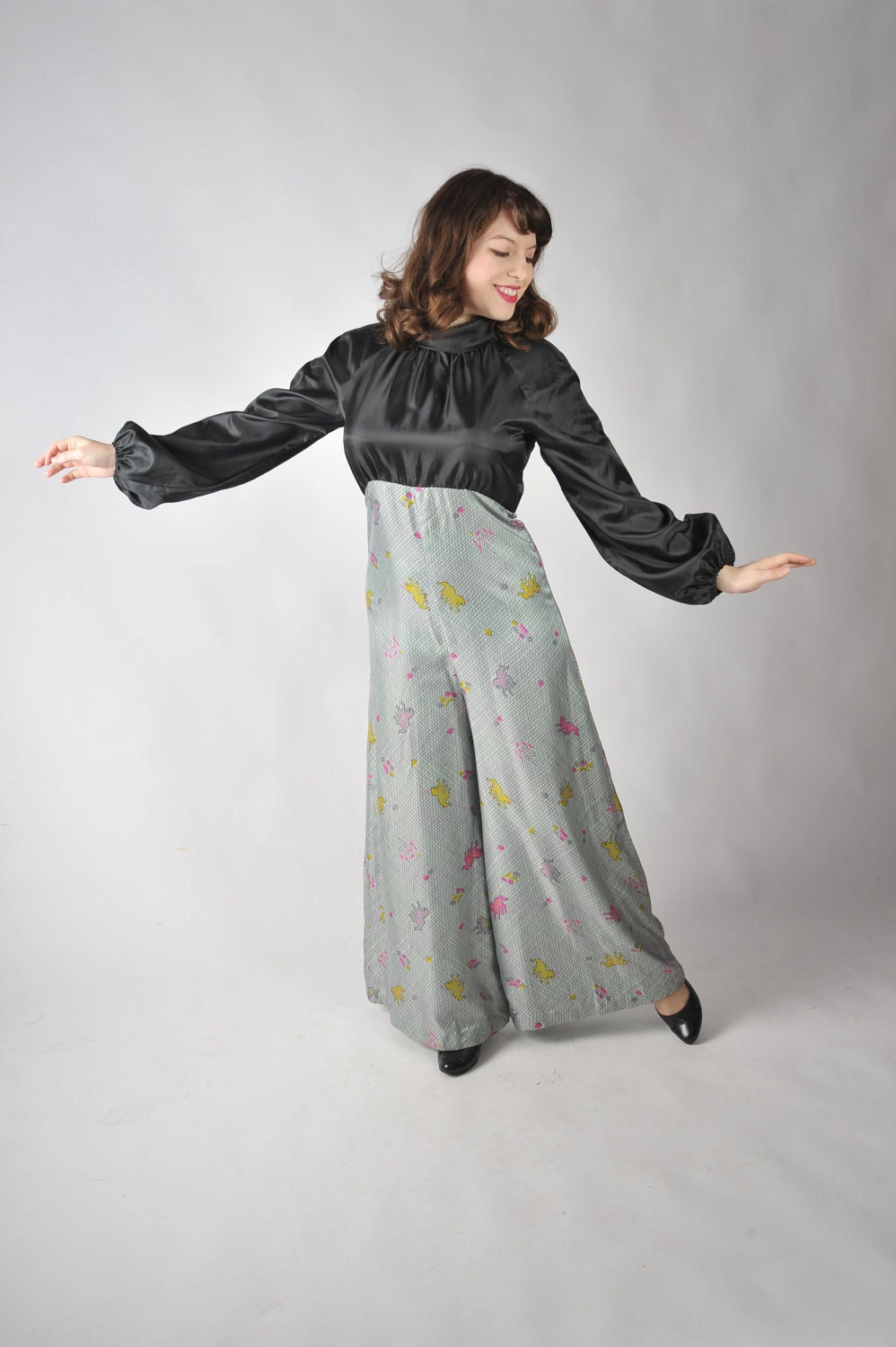 Vintage 1970s Jumpsuit - Amazing Novelty Print Pantsuit in Acetate and Silk with Carousel Horses