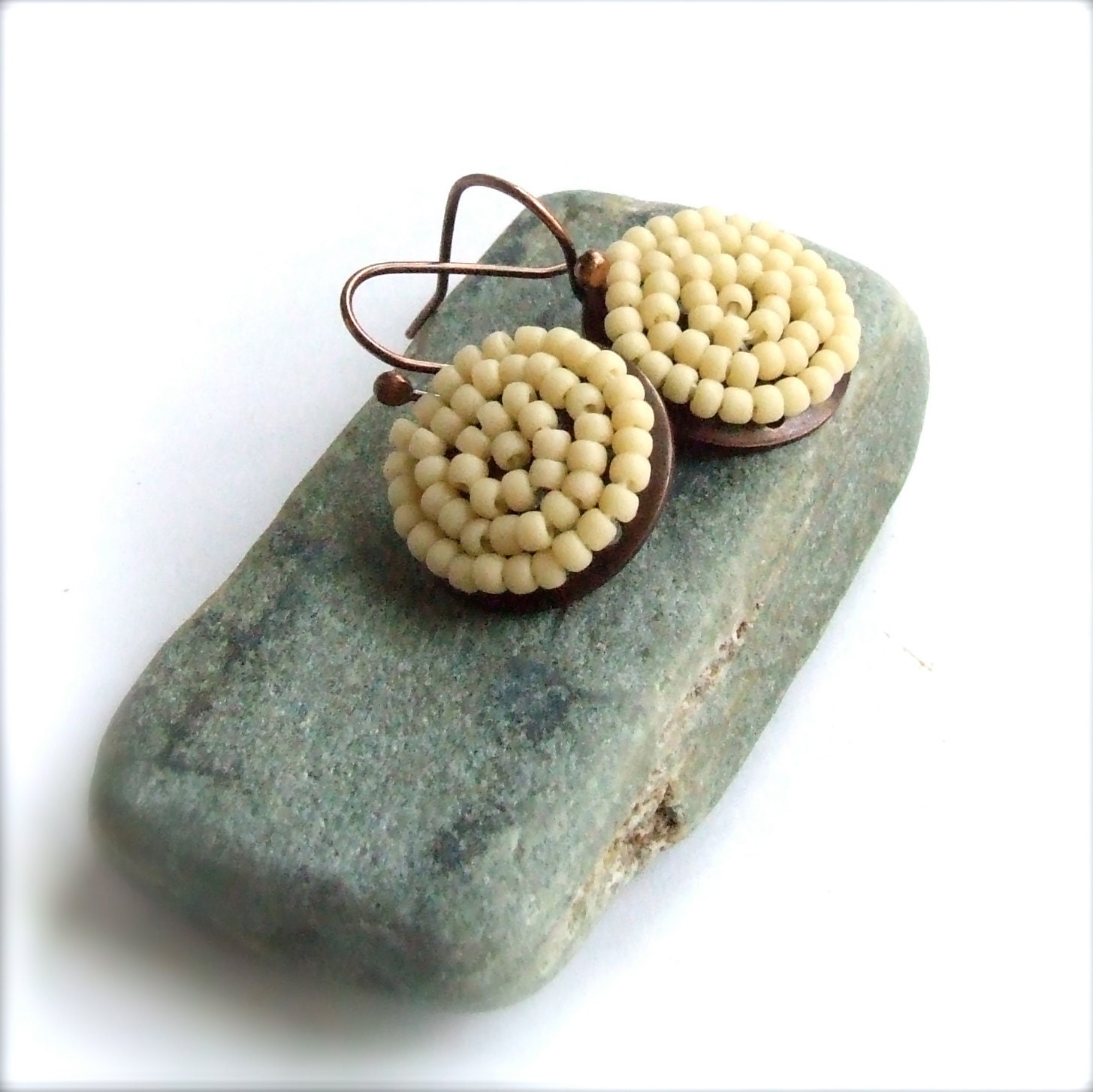 Cream Glass Seed Bead Woven, Copper - Beaded Earrings -Vanilla Pods - Handmade Fashion Jewellery