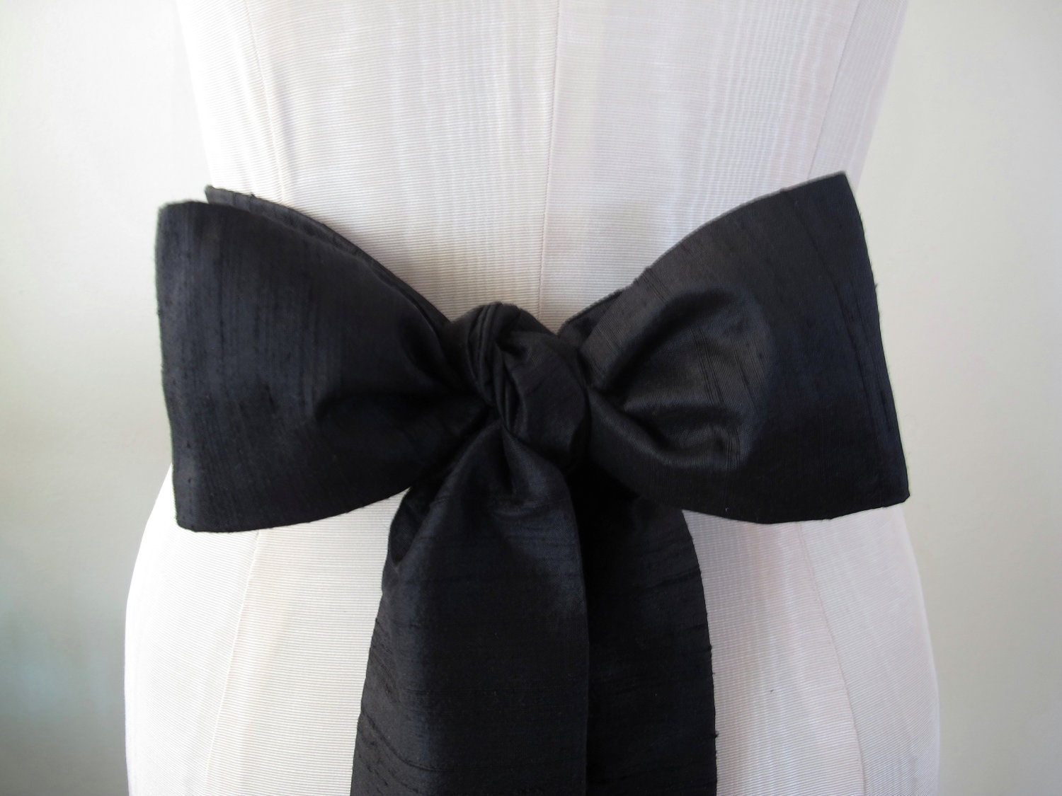 Black Dupioni Silk Sash Bow Belt Wedding Sash - extra long length - made to order