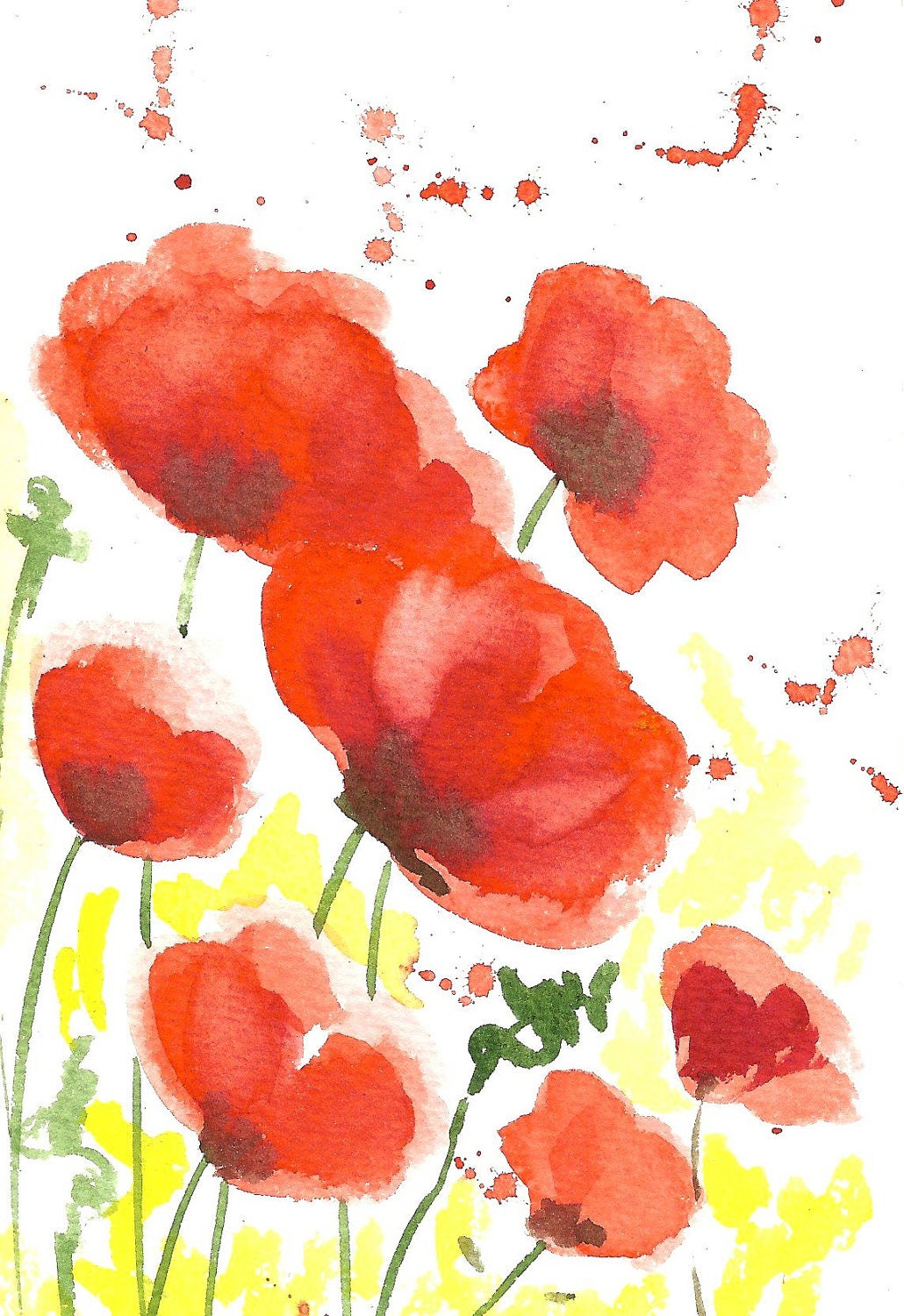 Original Organic watercolor painting of red poppies by Elina Lorenz wall art room decor