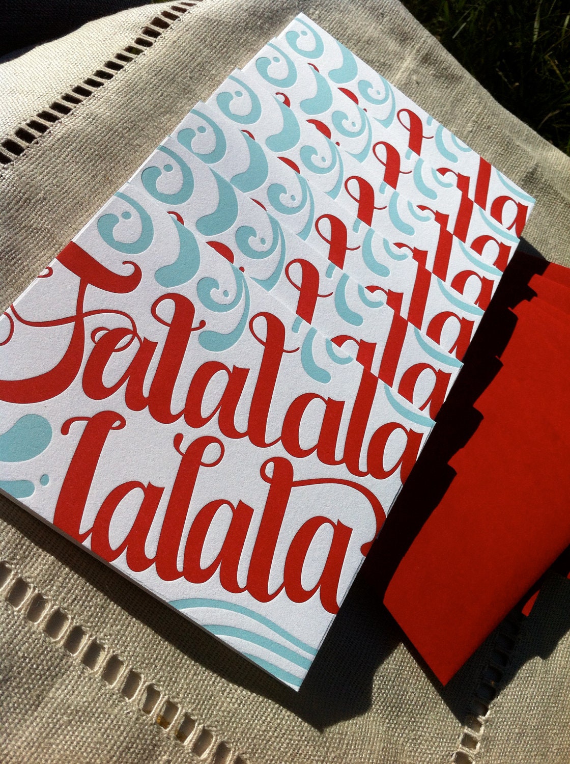 Falalalala Hand Crafted letterpress cards- Blue and Red 6 pack