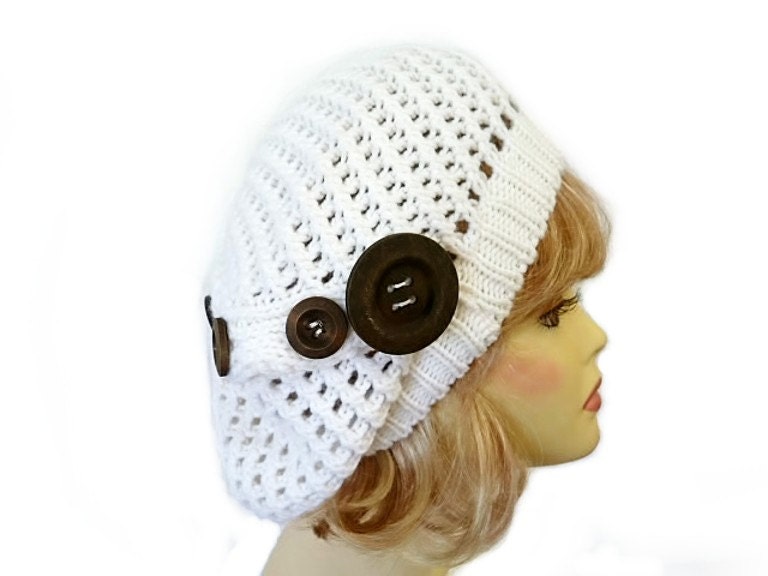 Hand Knit Hat White Slouch Hat with Wooden Buttons Fall Fashion