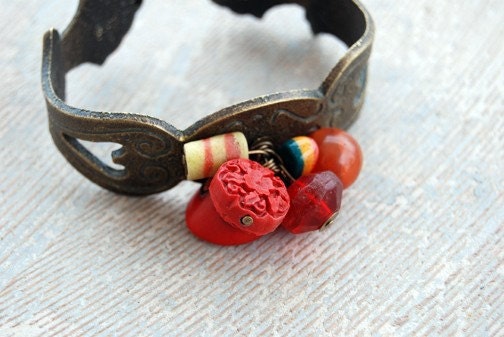 Cuff Bracelet - Red Bead Blossom - Antique Hardware Collection