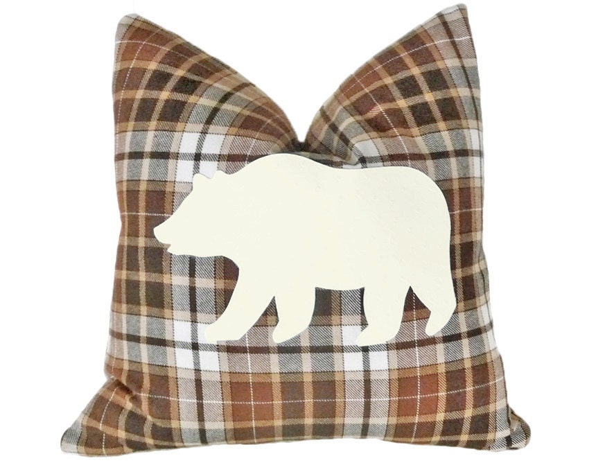 Bear Pillow, Brown Plaid, Lodge Pillows, Spirit Bear, Kermode White Bear, Wilderness, Wildlife, Cabin, Guys, Boyfriend, Unique  Gift 18x18