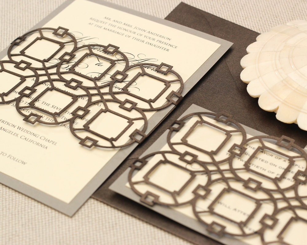Fretwork Wedding Invitation Sample - unique, cutout, trellis wrap design with customizable colors