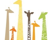 giraffes giclée print on fine art paper. 16X20. green, orange, brown, yellow.