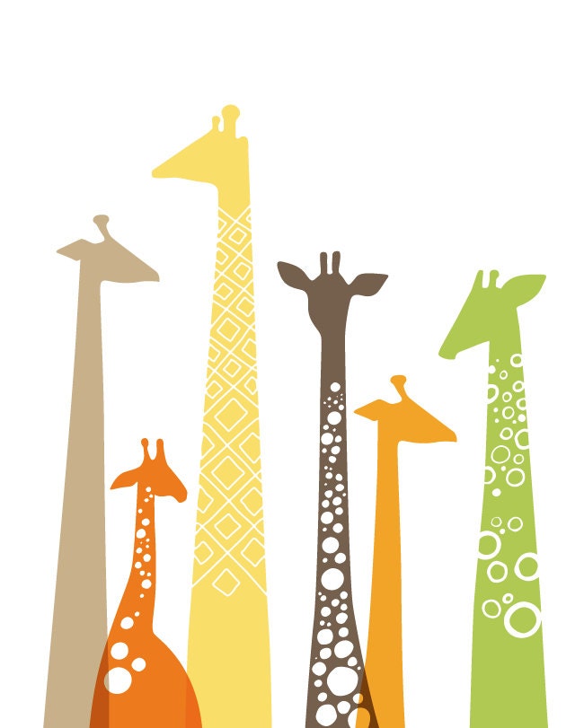 giraffes giclée print on fine art paper. 16X20. green, orange, brown, yellow.