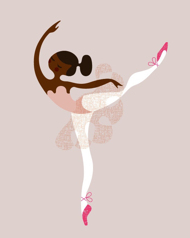 ballerina arabesque giclée print. 8X10. gray/rose/magenta. african american skin tone.