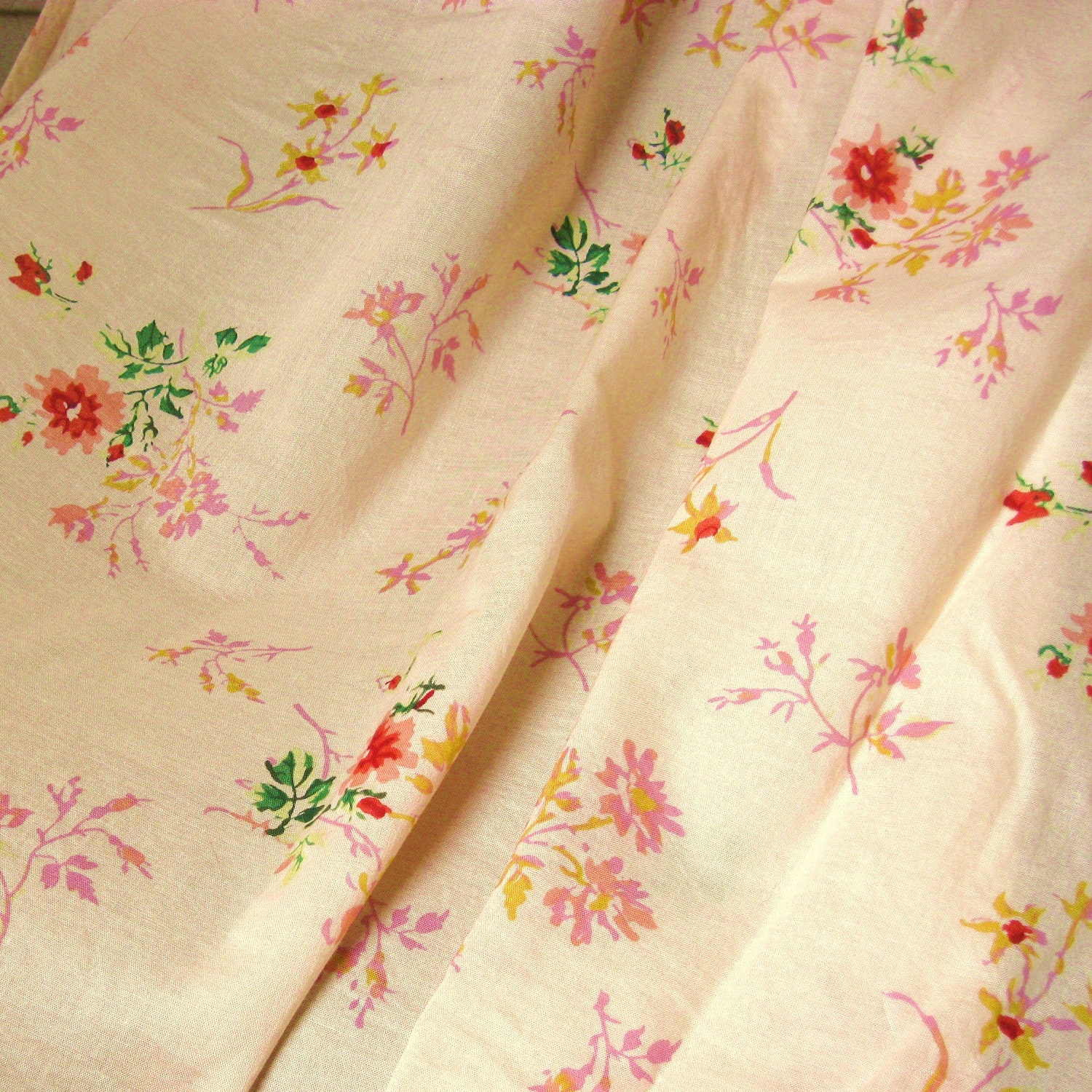 New Floral Print Cotton Fabric Lightweight Perfect for a Summer Dress Blouse or Pajamas  2 1/2 Yards 2.5 Yds Yardage Orange Red Pink Flowers