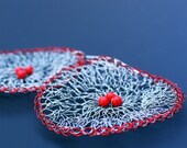 Crocheted Wire Round Earrings In Red And Silver with Red Accent Beads Sterling Silver Ear Wires  Dangles Holiday Gifts