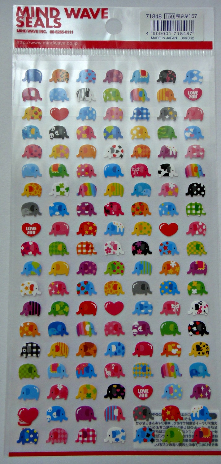Cute Multicoloured / Multicolored Elephant & Heart Japanese Stickers