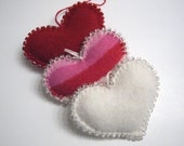 Three Heart Valentine Decoration Ornaments Handmade from Felted Cashmere and Wool Sweaters (no.227)