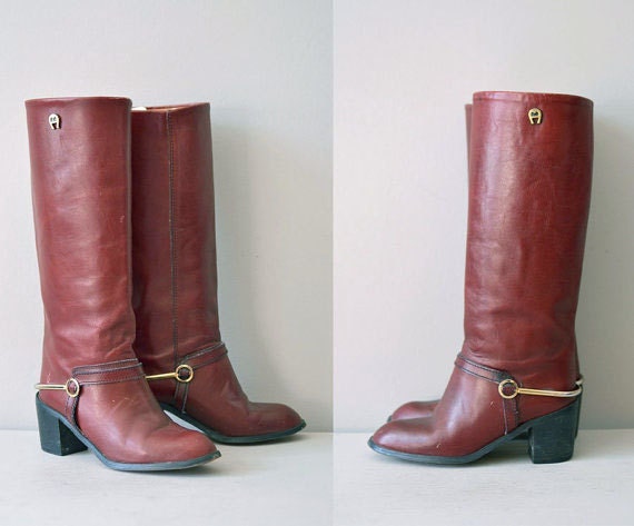 tall leather boots / oxblood leather 1970s boots / Etienne Aigner boot