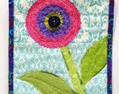 mini wall quilt- purple and pink flower "Bloom" appliqued flower on turquoise and white