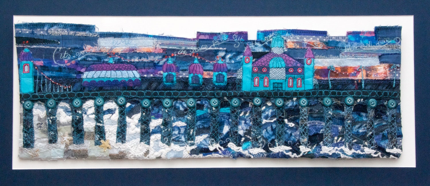 Starry Night Pier - A Textile embroidered collage of a pier at night