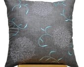 Blue Flower Pillow Cover, Ash Grey Pillow Blue Pink Chrysant Flower, Throw Pillow Cover, 18 x 18 Pillow Case, Accent Pillow Grey