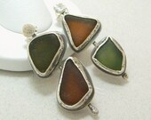 Beach Glass Earrings - Olive Green and Root Beer Amber Earrings - Handmade Autumn Earrings - Sea Glass Jewelry - Post Earrings - Asymmetry